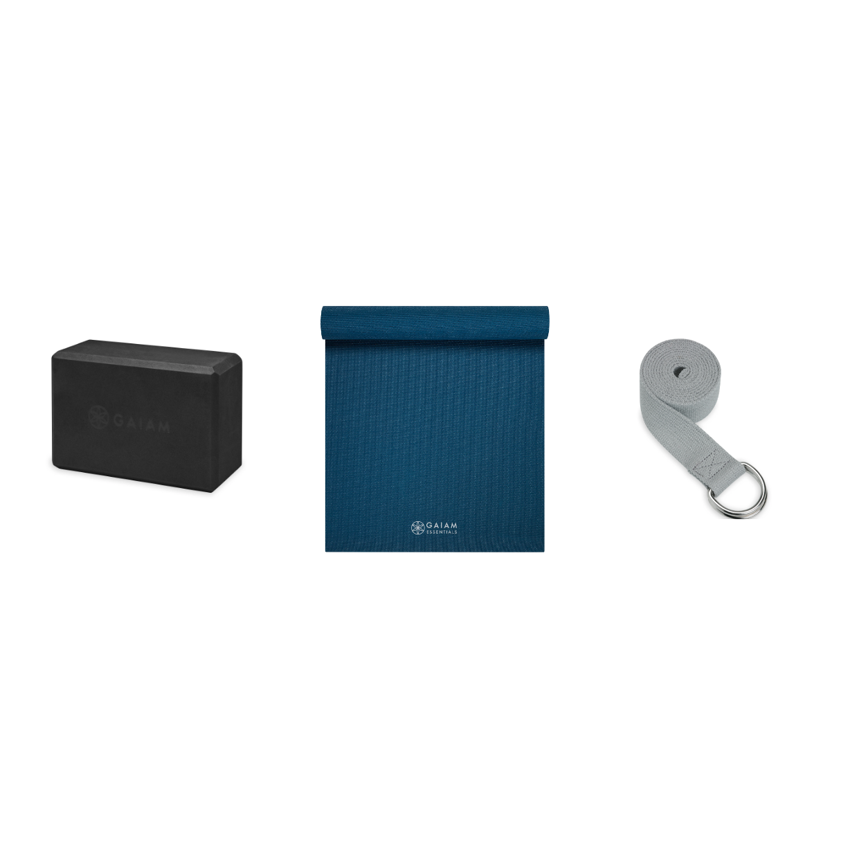 Yoga Bundle - Block (Black), Mat (Navy), Strap (Grey)